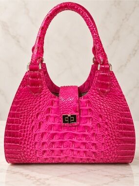 Brahmin Croc-Embossed Structured Shoulder Bag in Fuchsia